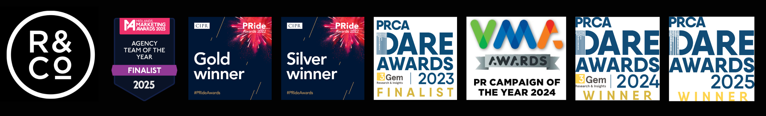 CIPR PRide Awards 2022, PRCA DARE Awards 2023, VMA Awards 2024 PR Campaign, PRCA DARE Awards 2024, PRCA DARE Awards 2025 winner's badges. MMA Awards 2025 Finalists