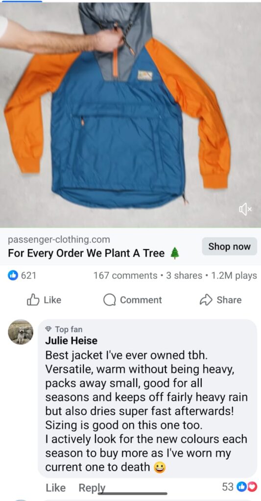 Passenger receive a positive comment a post about one of it's jacket's