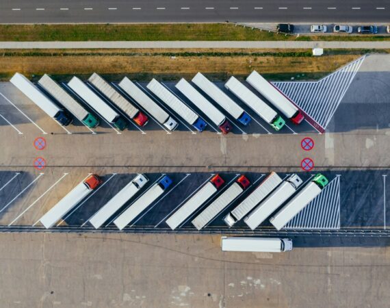 Aerial view of lorries parked up