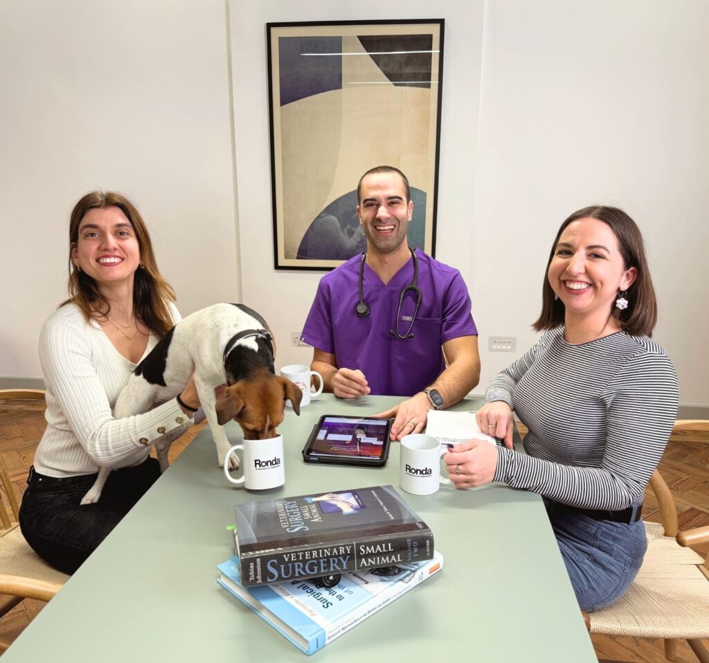 Ronda veterinary team pictured sat round a table. A small terrier has its nose in a mug that is on the table.