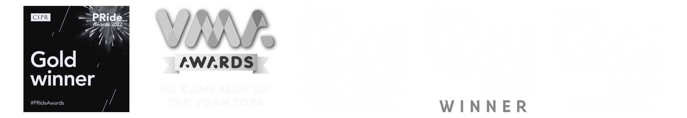 PRide Awards 2022, VMA Awards 2024 and PRCA DARE Awards 2024, PRCA DARE Awards 2025 and PRCA DARE Awards winner's badges