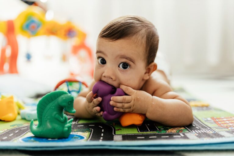 Baby pictured laying on its front chewing a toy